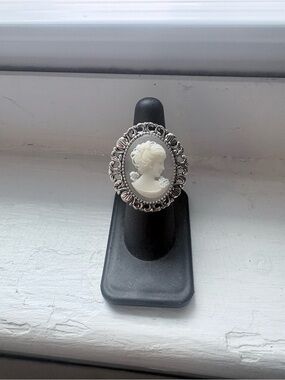 Classic White Cameo Silver-Tone Statement Ring